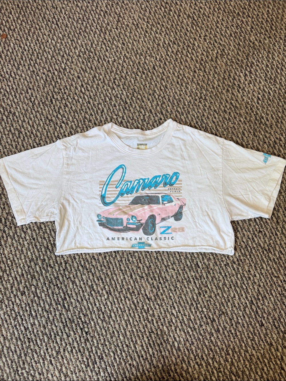 Camaro Graphic Crop Top - White with Pink & Teal Print